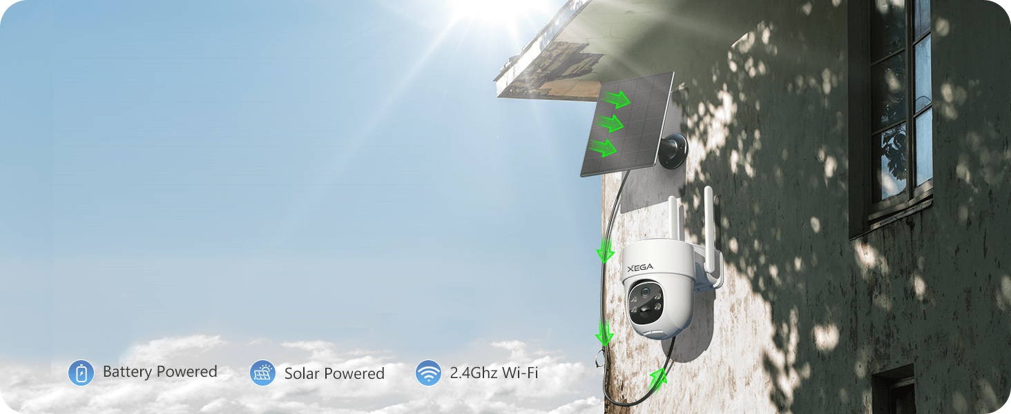 Xega Solar Security Camera Wireless Outdoor, Battery Powered PTZ 2.4Gh